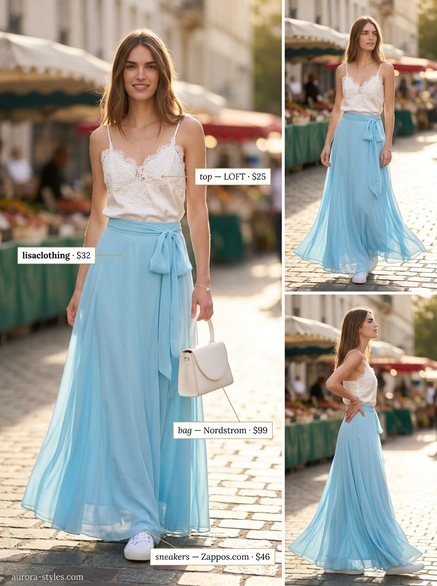 Pastel Summer Maxi Skirt & Sneakers 2026 Feminine Summer Maxi Skirt and Sneakers Outfits 2026: Pastel blue flowy maxi skirt, white camisole, and sneakers for brunch.