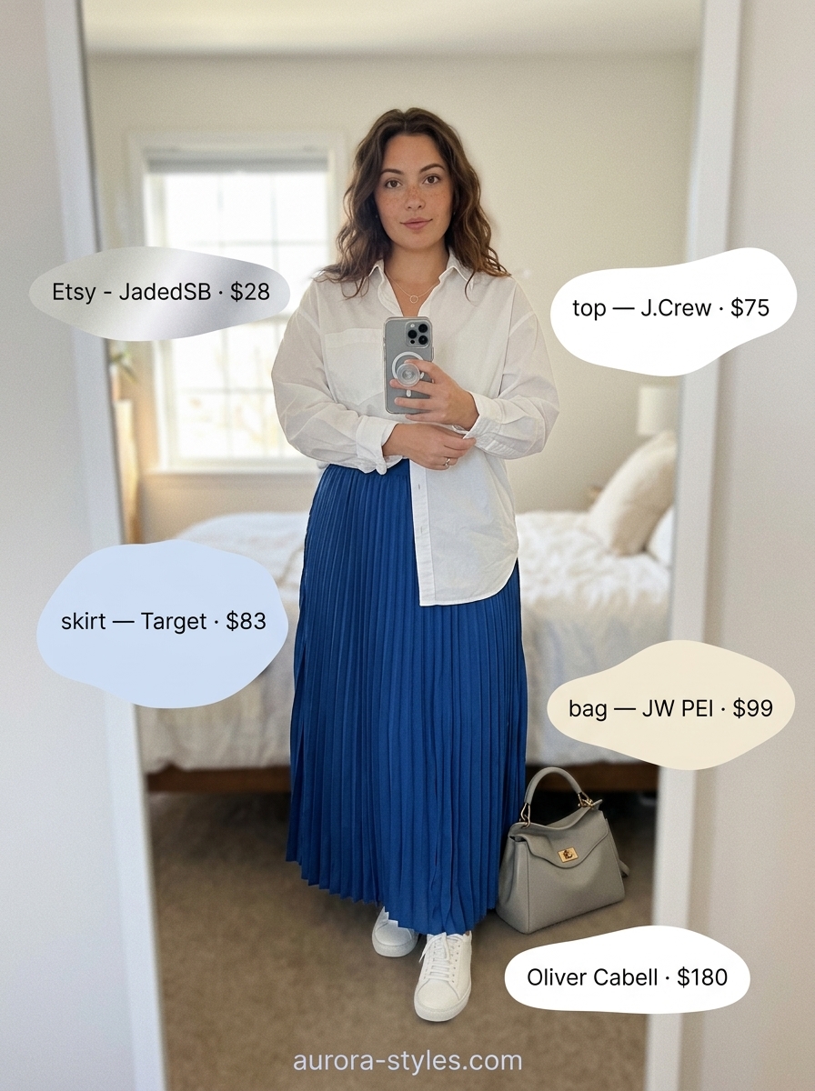 Pastel Maxi Skirt Outfits 2026 Pastel maxi skirt outfit 2026: Blue pleated skirt, white shirt, white sneakers, grey tote.