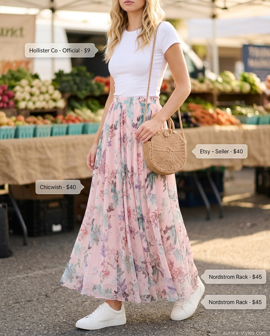Picnic Summer Maxi Skirt & Sneakers 2026 Sweet Summer Maxi Skirt and Sneakers Outfits 2026: Floral maxi skirt, white tee, sneakers, and straw bag for a picnic.