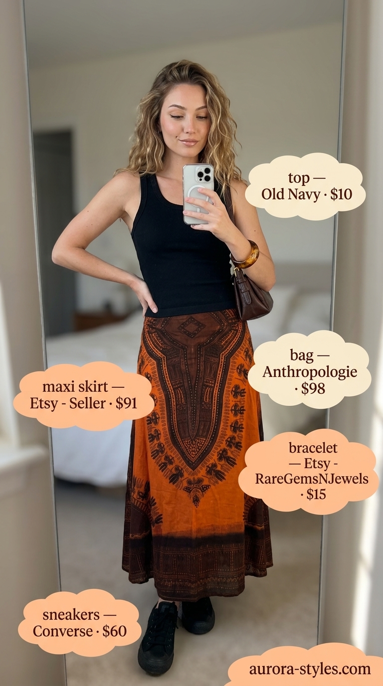 Retro Summer Maxi Skirt & Sneakers 2026 Retro Summer Maxi Skirt and Sneakers Outfits 2026: Brown geometric maxi skirt, black tank, and sneakers for a casual outing.