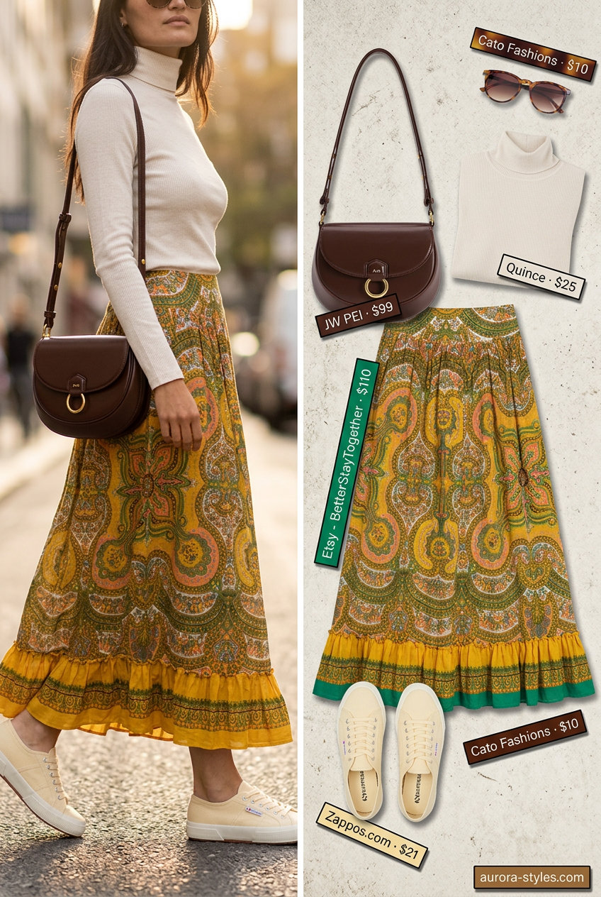 Retro Maxi Skirt Outfits 2026 Retro maxi skirt outfit 2026: 70s print skirt, cream turtleneck, canvas sneakers, brown saddle bag.