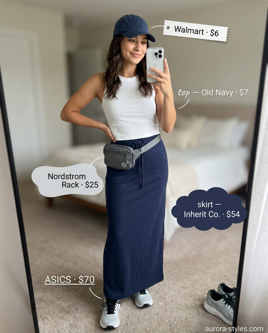 Sporty Maxi Skirt Outfits 2026 Sporty maxi skirt outfit 2026: Navy skirt, white tank, grey sneakers, navy cap, belt bag.