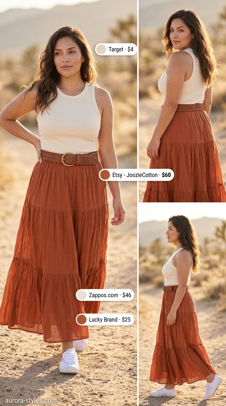 Summer Maxi Skirt & Sneakers 2026: Desert Wanderer Summer maxi skirt and sneakers outfits 2026: Terracotta linen maxi skirt with cream tank, canvas sneakers, and straw crossbody.