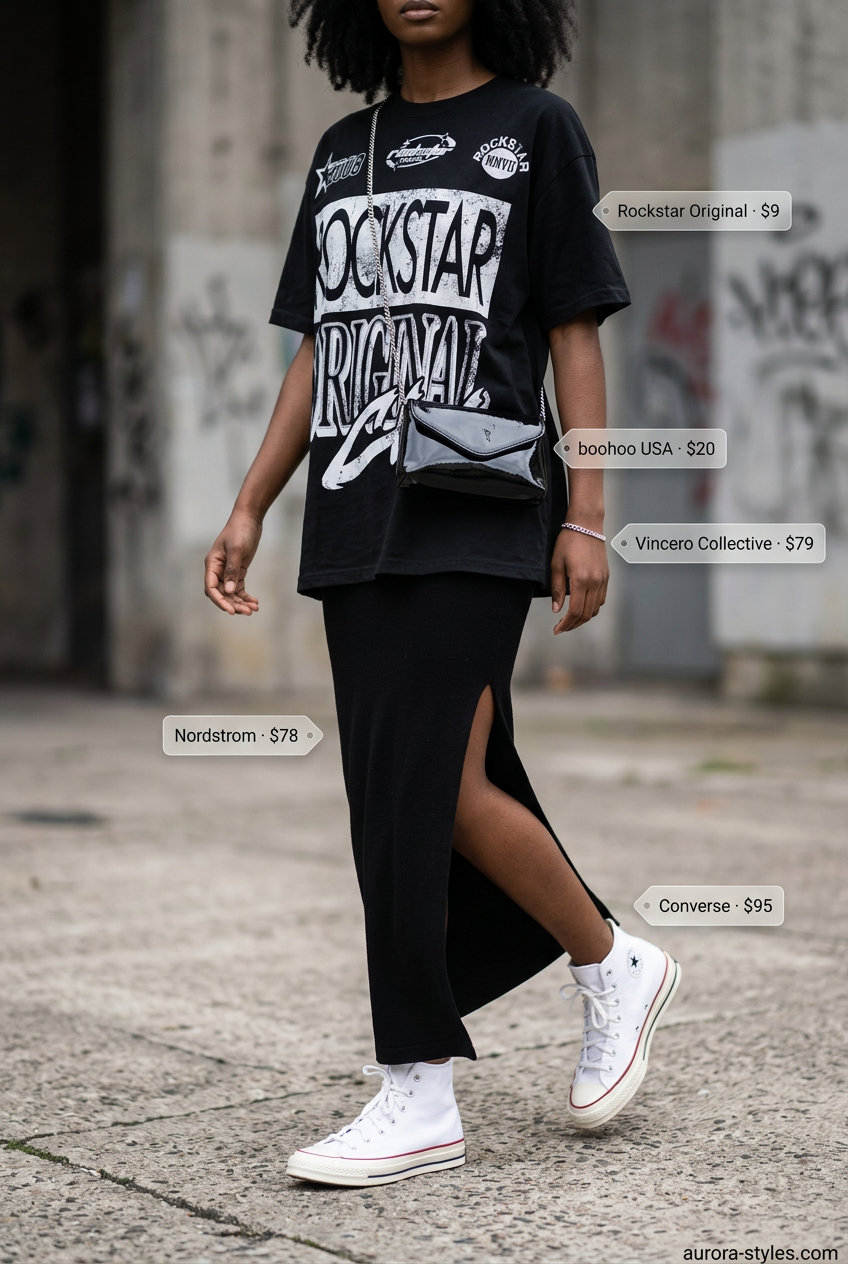 Urban Explorer Maxi Skirt Outfits 2026 Urban explorer maxi skirt outfit 2026: Black skirt, graphic tee, high-top sneakers, crossbody bag.