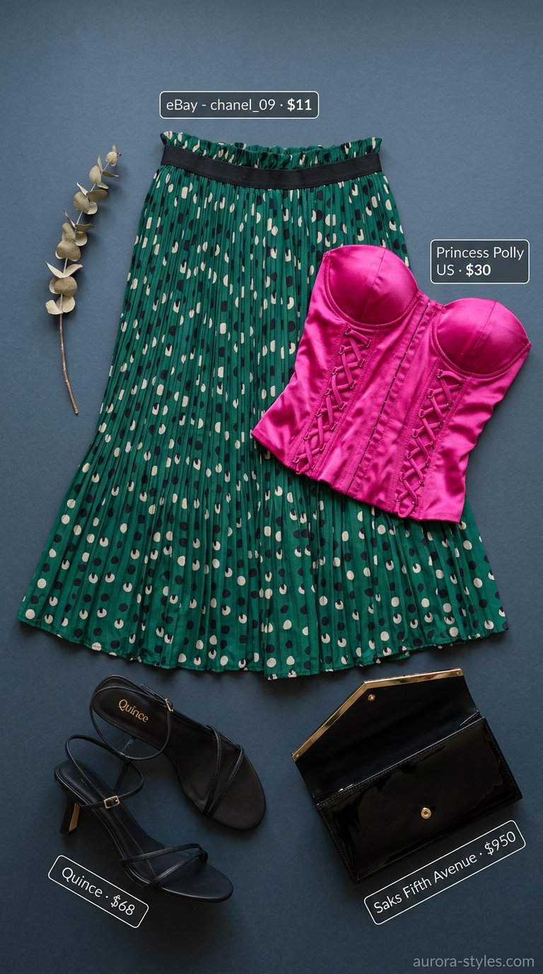 Summer Maximalist Outfits for Women 2026: Emerald green geometric midi skirt, hot pink corset top, black heels.