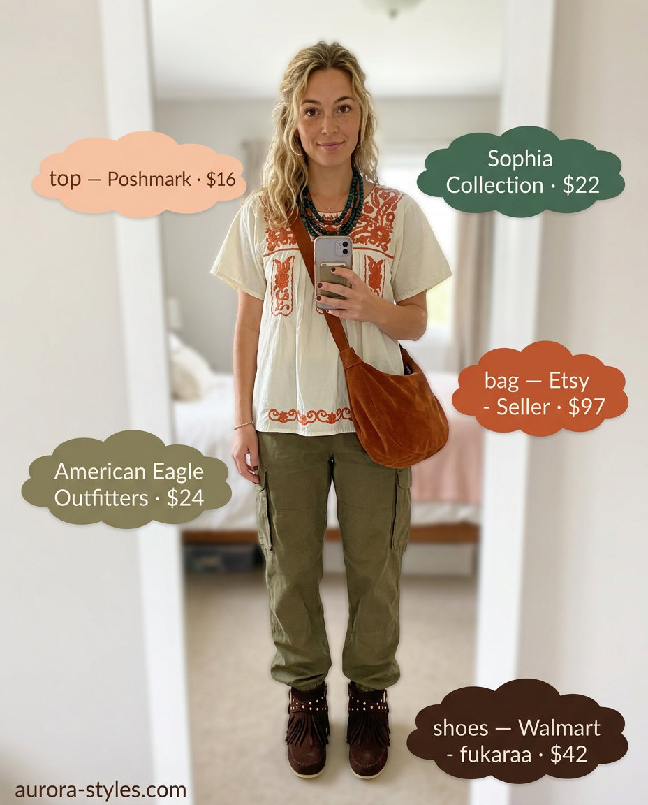 Summer Maximalist Outfits for Women 2026: Rust orange embroidered peasant blouse, olive green cargo pants, suede boots.