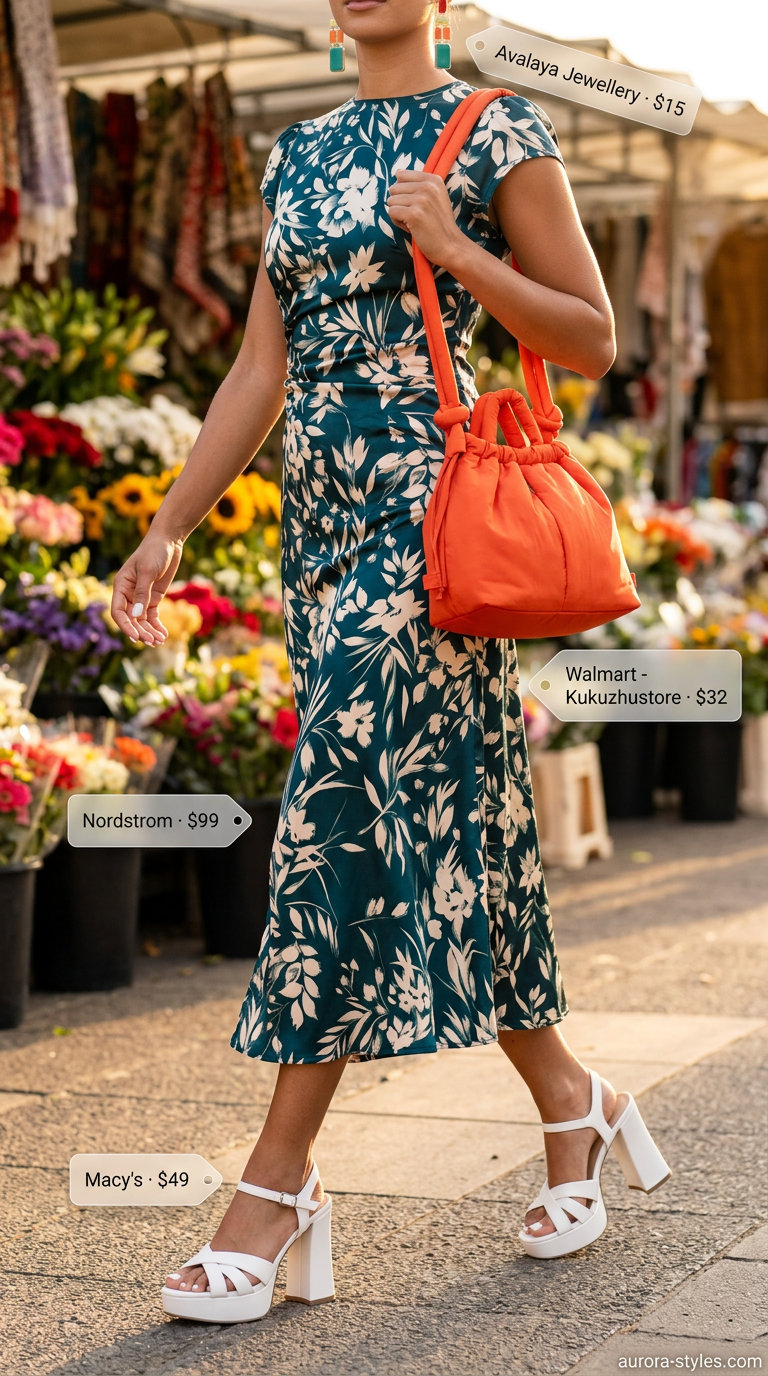 Summer Maximalist Outfits for Women 2026: Emerald green floral midi dress with puff sleeves, pink & yellow accents, chunky white sandals.