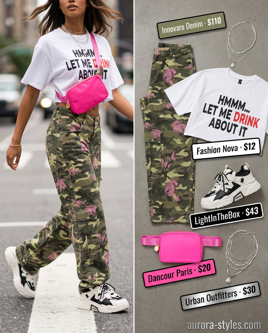 Summer Maximalist Outfits for Women 2026: Olive cargo pants, pink belt bag, graphic tee for a bold street style look.