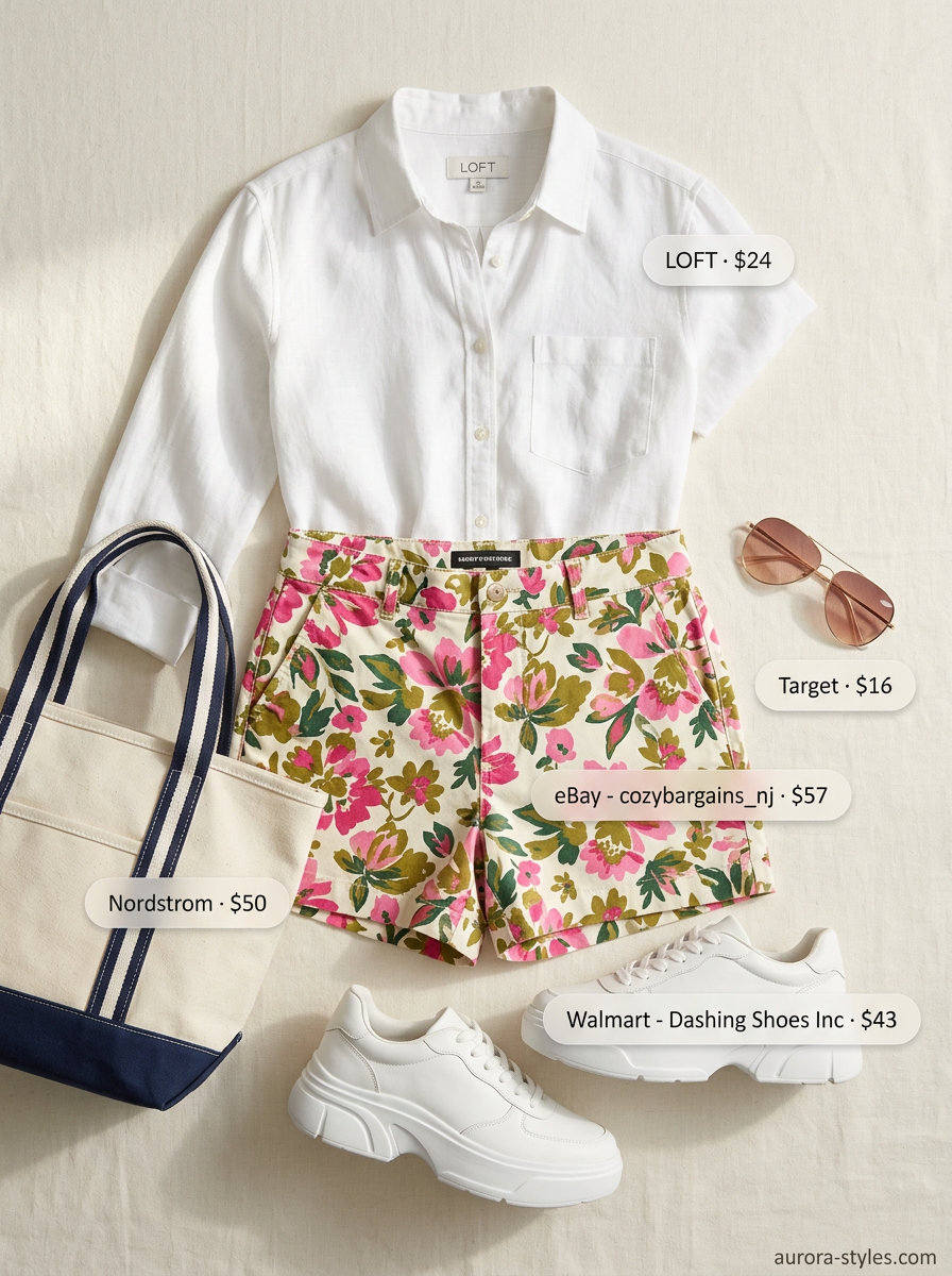 Summer Maximalist Outfits for Women 2026: Floral shorts, white shirt, and platform sneakers for city exploration.