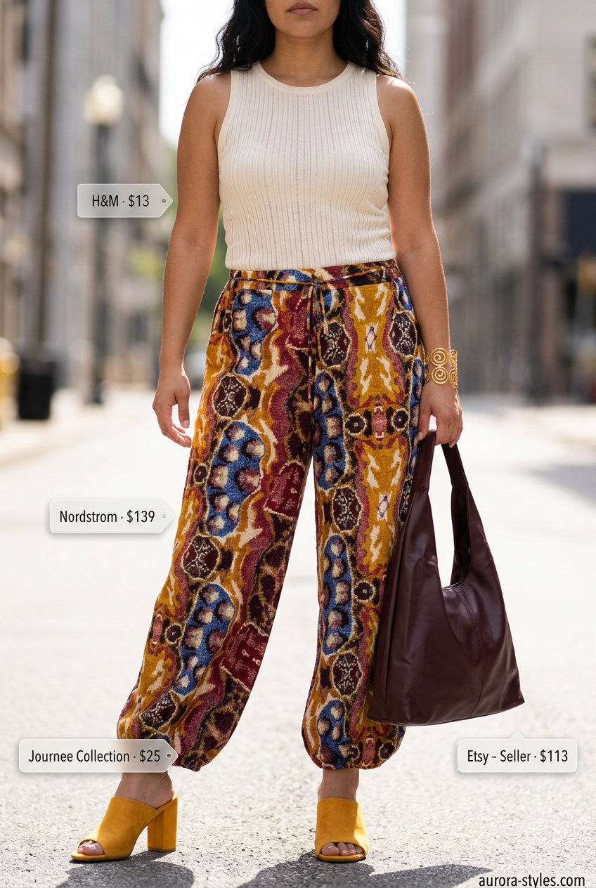 Summer Maximalist Outfits for Women 2026: Teal, burgundy pants, mustard mules for an eclectic art look.