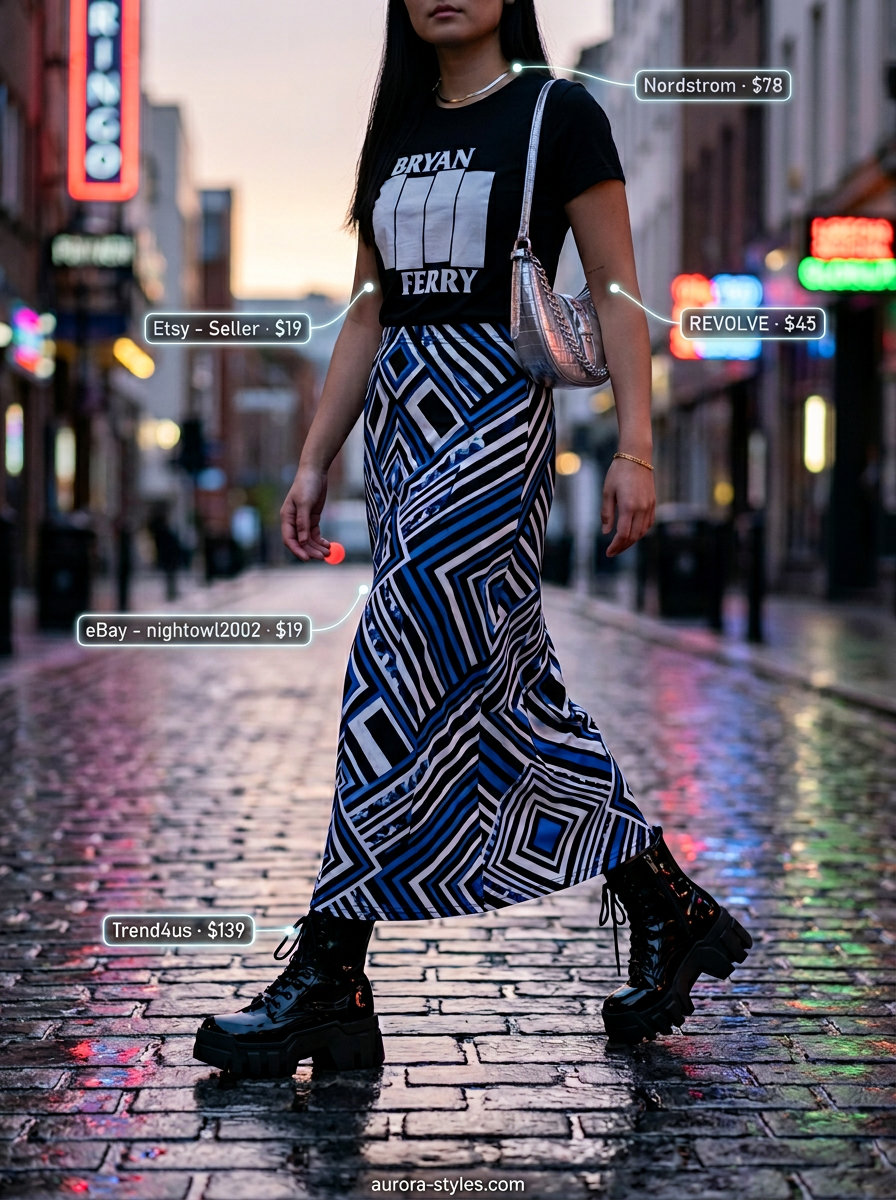Summer Maximalist Outfits 2026: Black, white, electric blue geometric maxi skirt and graphic tee.