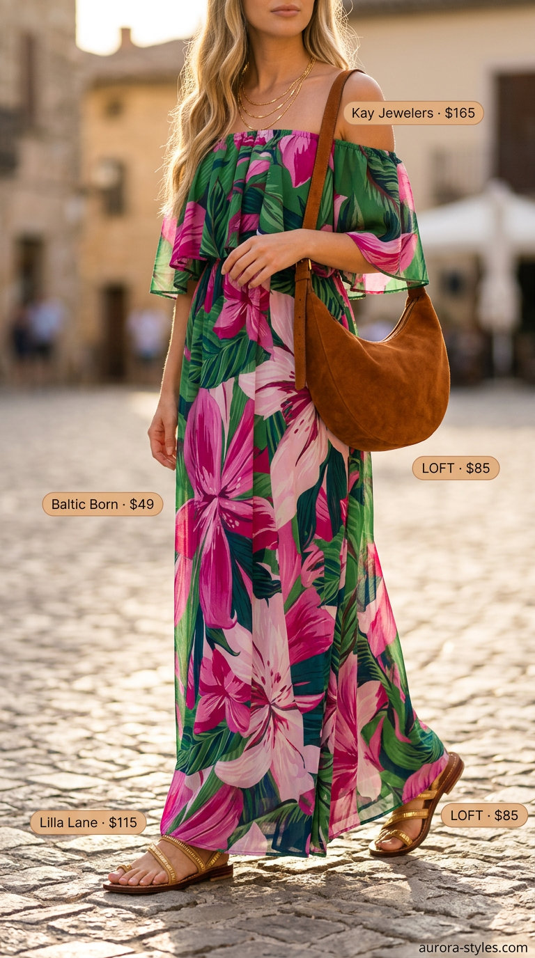 Summer Maximalist Outfits for Women 2026: Emerald green floral maxi dress for a bohemian festival look.