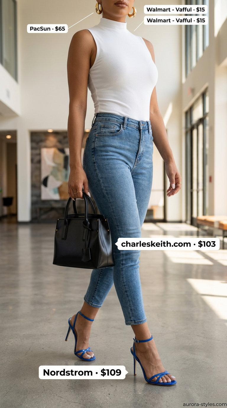 Summer Maximalist Outfits for Women 2026: Patterned suit, white top, and cobalt blue heels for a statement look.