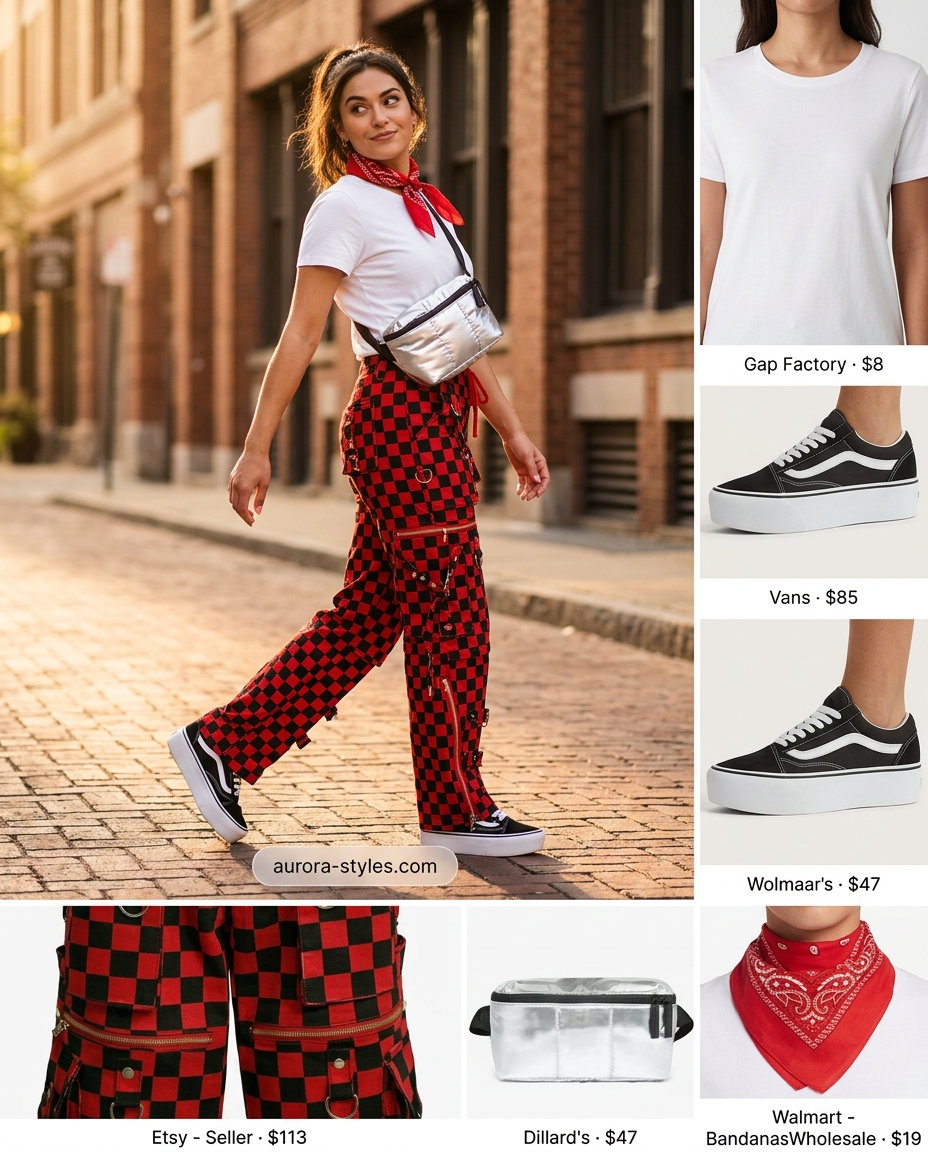 Summer Maximalist Outfits 2026: Black and white checkerboard cargo pants with red accents.