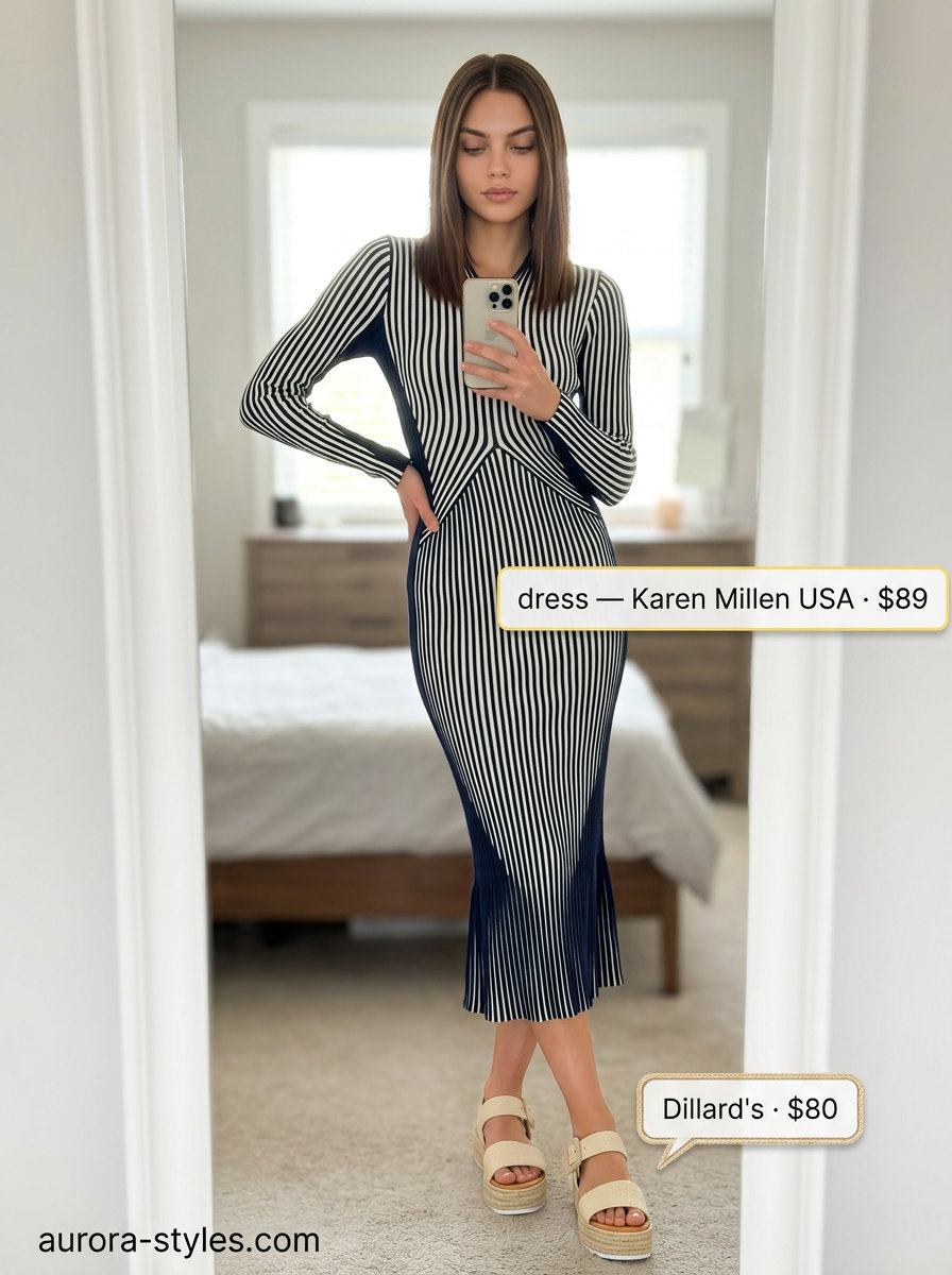 Summer Maximalist Outfits for Women 2026: Navy & white striped midi dress, yellow sunglasses, raffia bag, espadrille sandals.