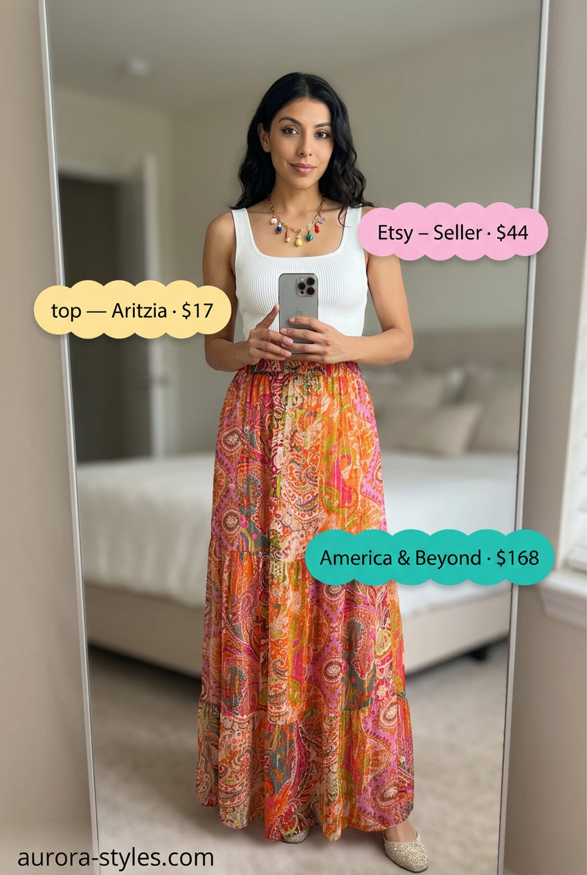 Summer Maximalist Outfits for Women 2026: Orange, teal maxi skirt, white crop top for a vibrant fiesta look.