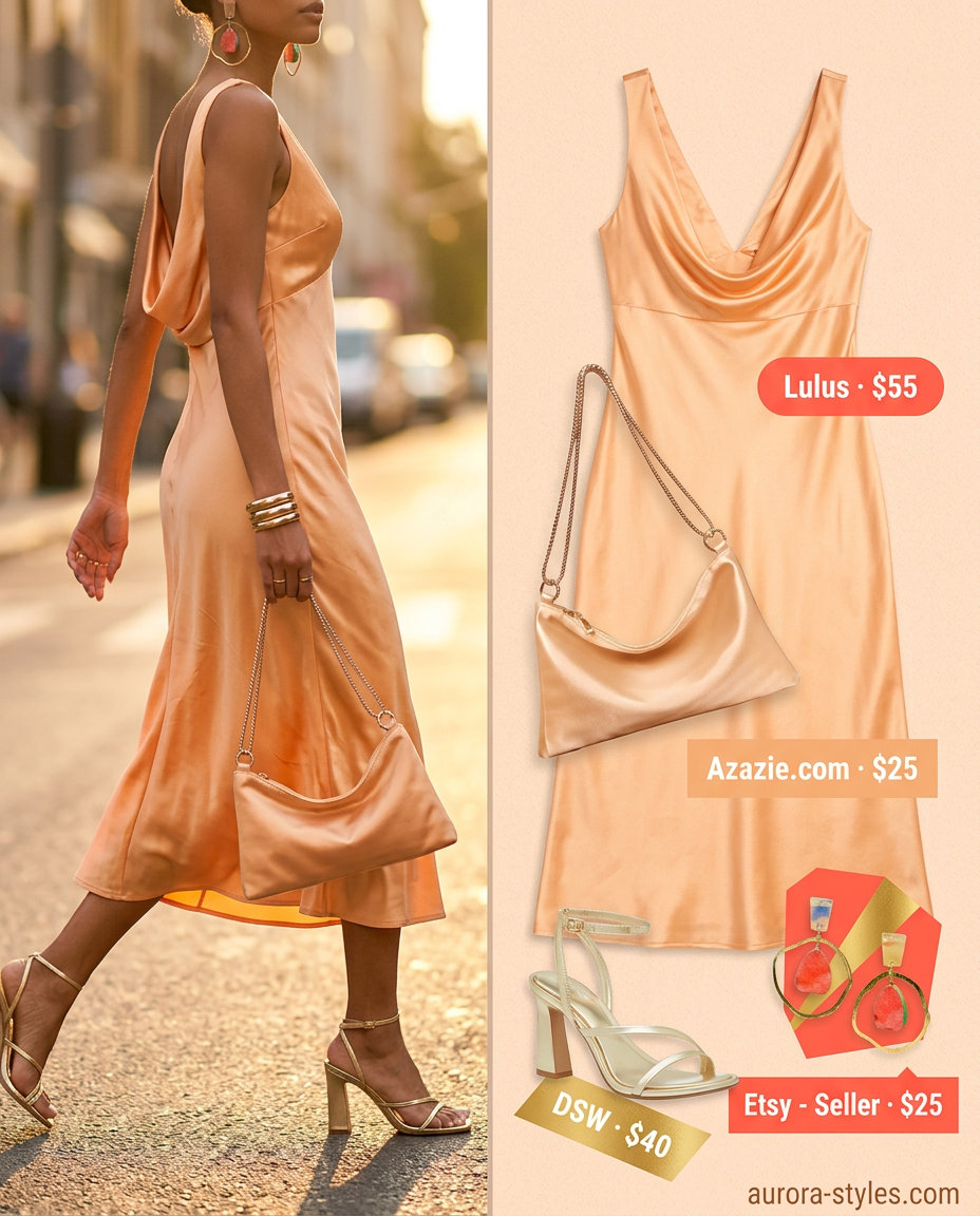 Summer Maximalist Outfits for Women 2026: Coral to peach gradient slip dress, gold strappy heels, statement earrings.