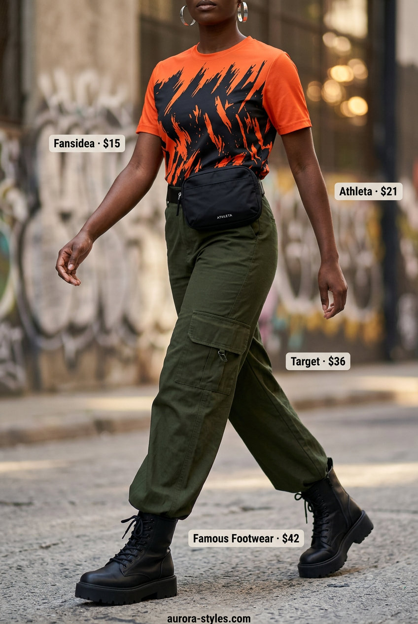 Summer Maximalist Outfits for Women 2026: Olive cargo pants, graphic tee, and combat boots for urban exploration.
