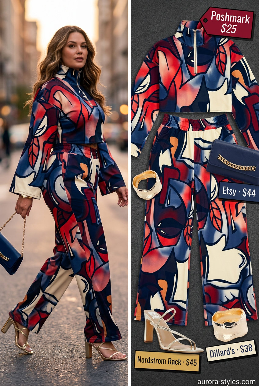 Summer Maximalist Outfits 2026: Red, navy, cream abstract print wide-leg jumpsuit for parties.