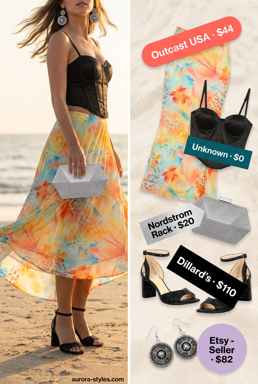 Summer Maximalist Outfits 2026: Multicolor abstract maxi skirt and black corset for evening.