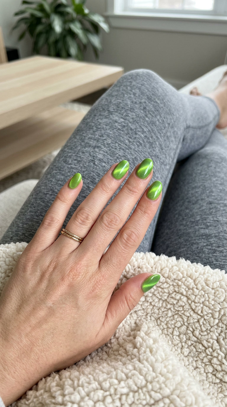 Vibrant lime green cat-eye nails for date night, a bold summer nail manicure idea 2026.