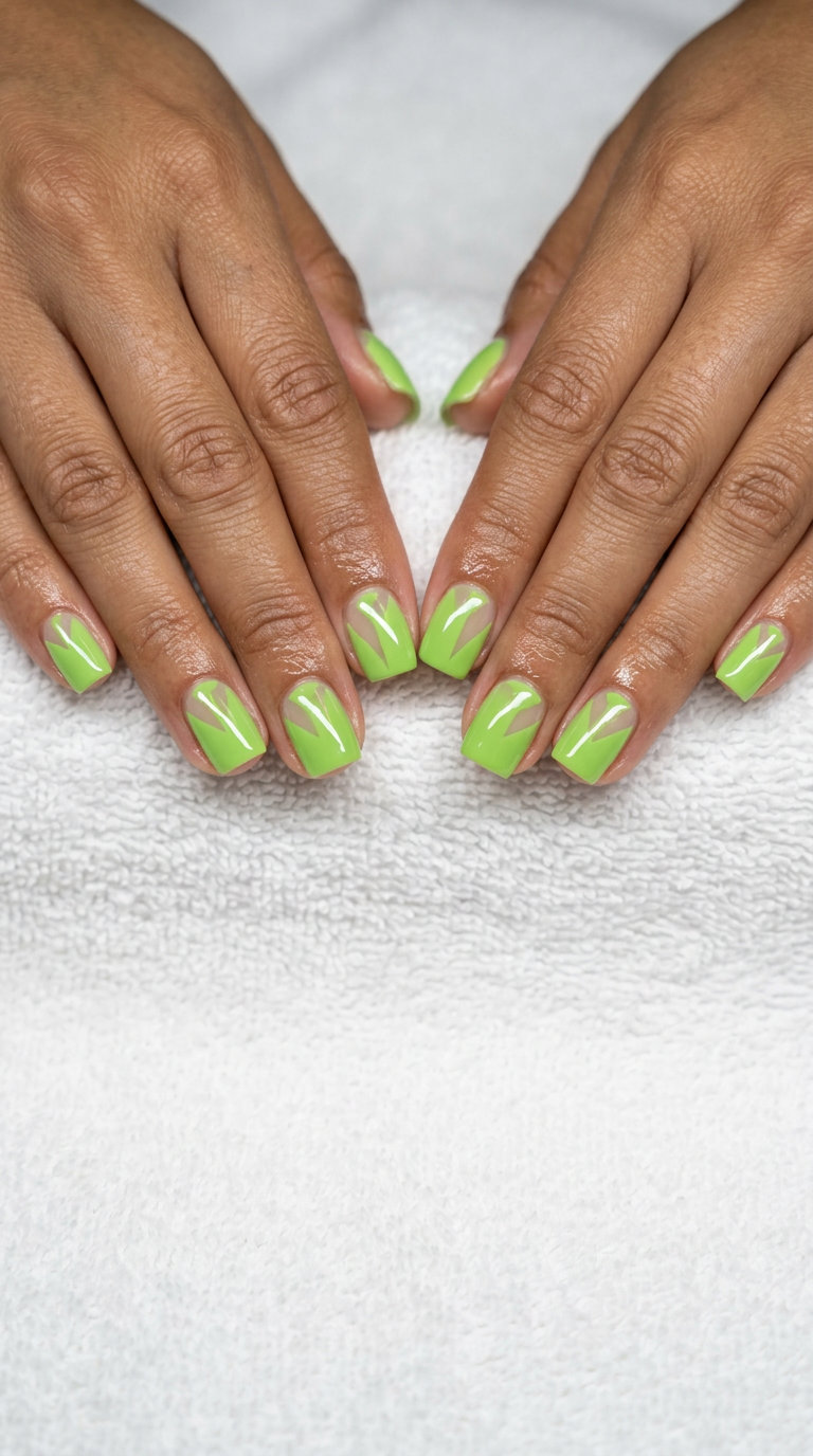 Geometric lime green negative space nails, an edgy summer nail manicure idea 2026 for festivals.
