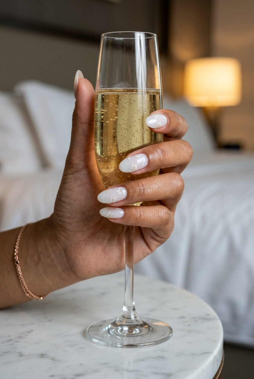 Ethereal milk bath floral nails, a romantic summer nail manicure idea 2026 for weddings.