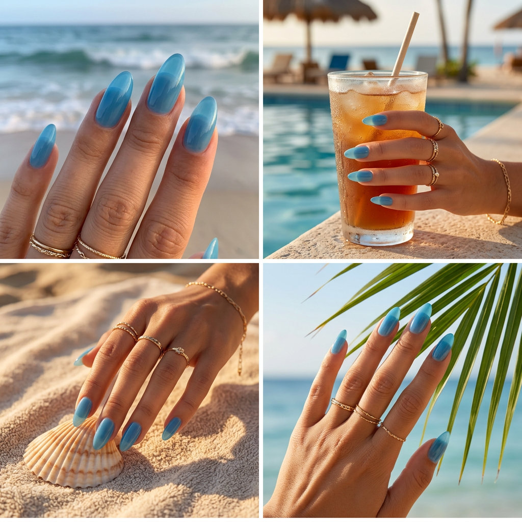 Ocean Glass Jelly Almond nails for summer nail manicure ideas 2026. Bohemian beach style.