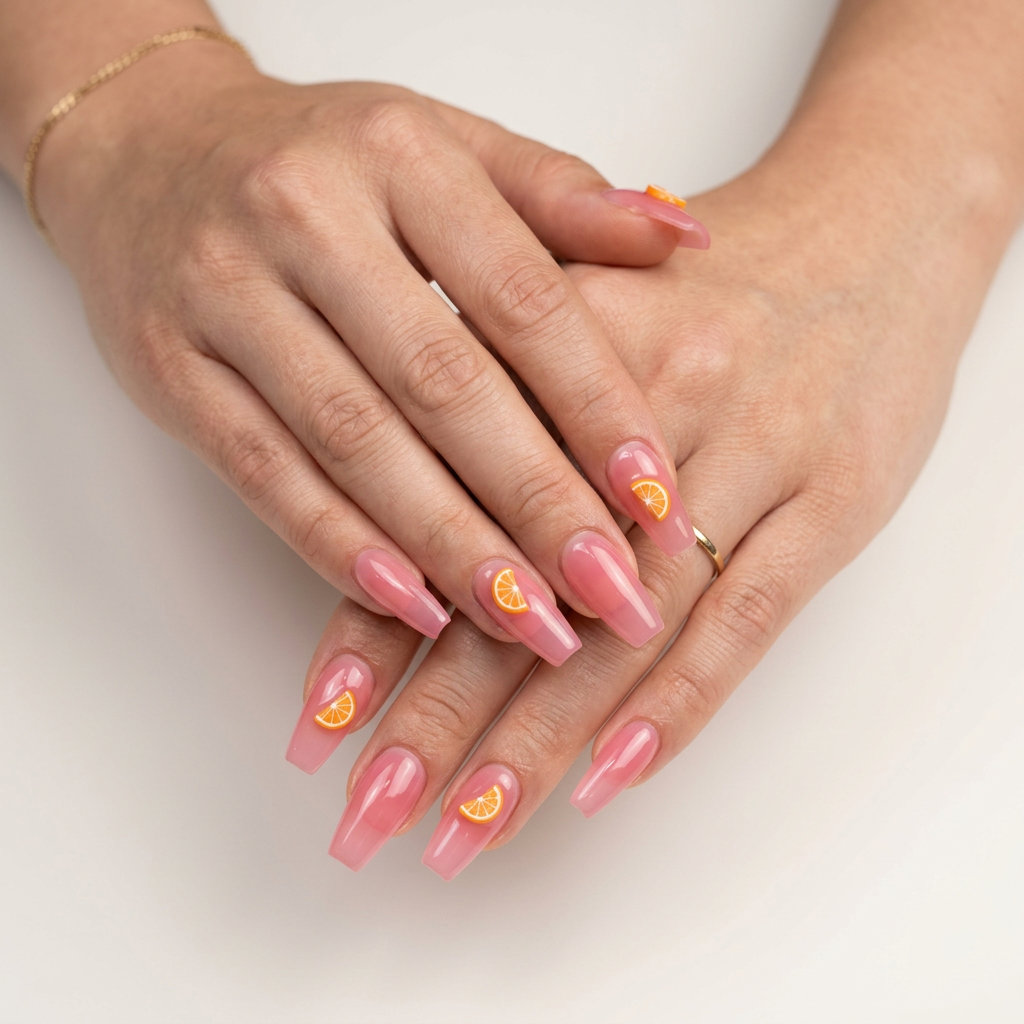 Orange Slice 3D Charm Almond nails for summer nail manicure ideas 2026. Fun festival style.
