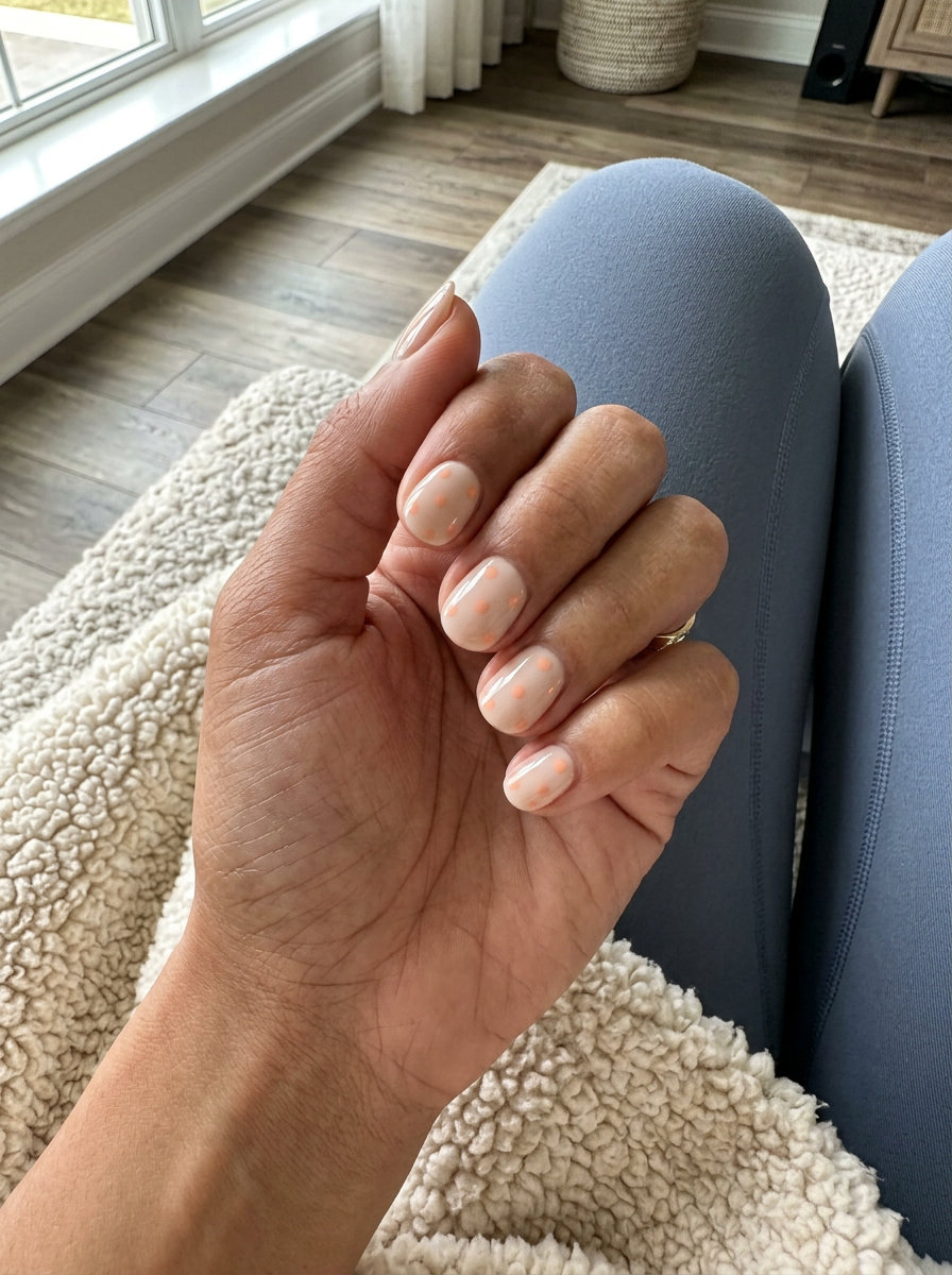 Soft peach dots on a nude base, a minimalist summer nail manicure idea 2026 for daily wear.