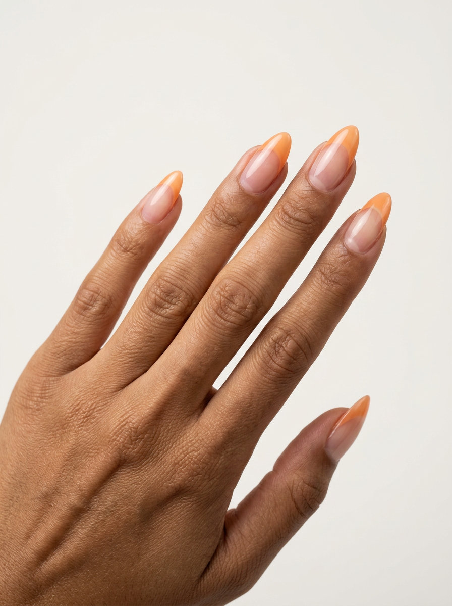 Sheer peach reverse French nails, an elegant summer nail manicure idea 2026 for any occasion.