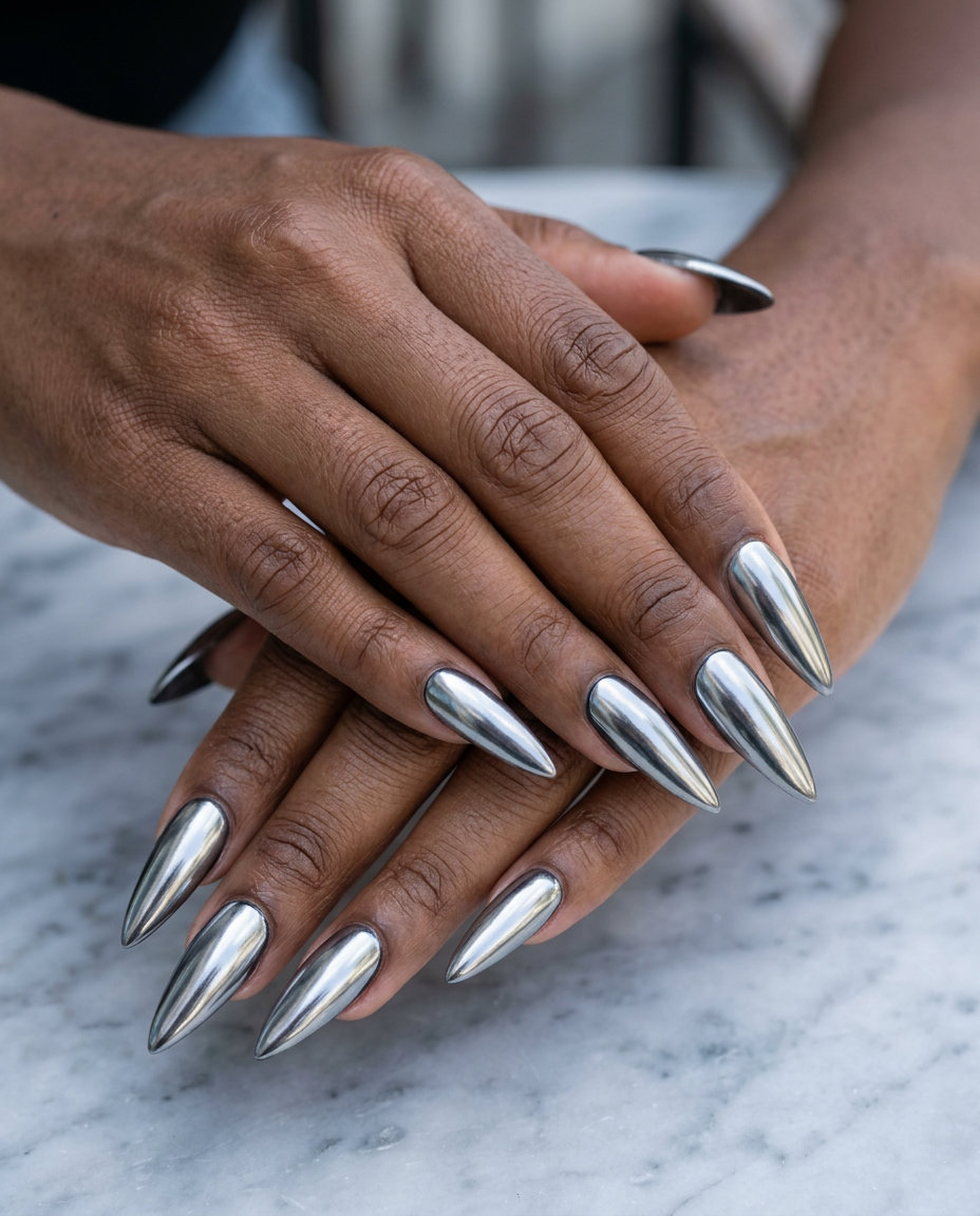 Silver Chrome Stiletto Flare nails: mirror silver chrome finish over black for futuristic party summer nail manicure ideas 2026.