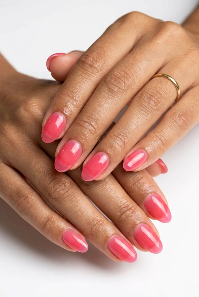 Watermelon Jelly Coffin nails: translucent watermelon pink for juicy vacation summer nail manicure ideas 2026.