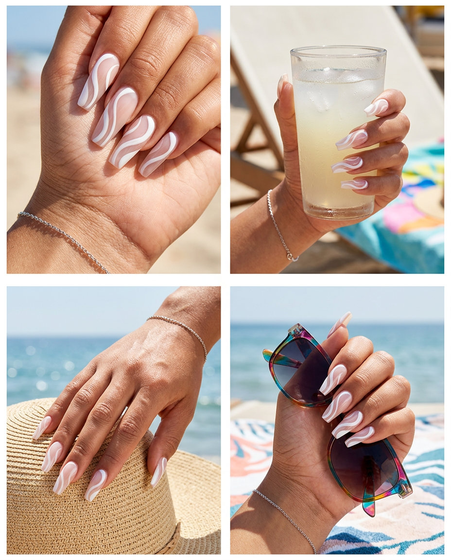 Abstract white swirls on a clear base, an artistic summer nail manicure idea 2026 for events.