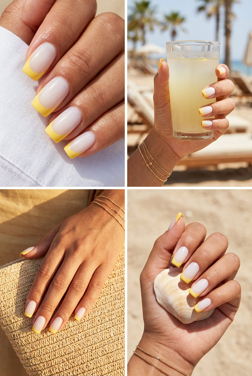 Sunny yellow French tip nails on a nude base, a chic summer nail manicure idea 2026.