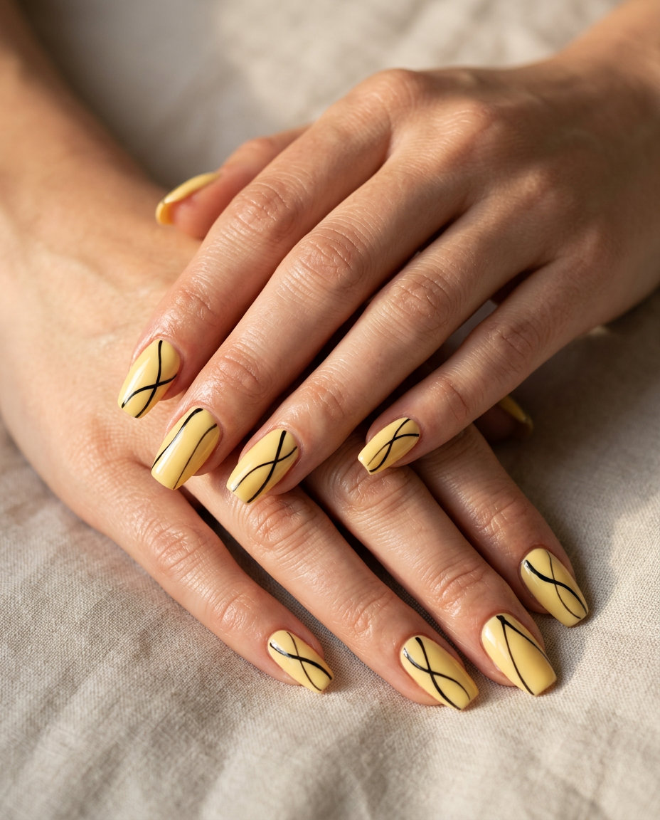 Minimalist butter yellow coffin nails with black abstract lines for summer nails 2026. Chic office style.