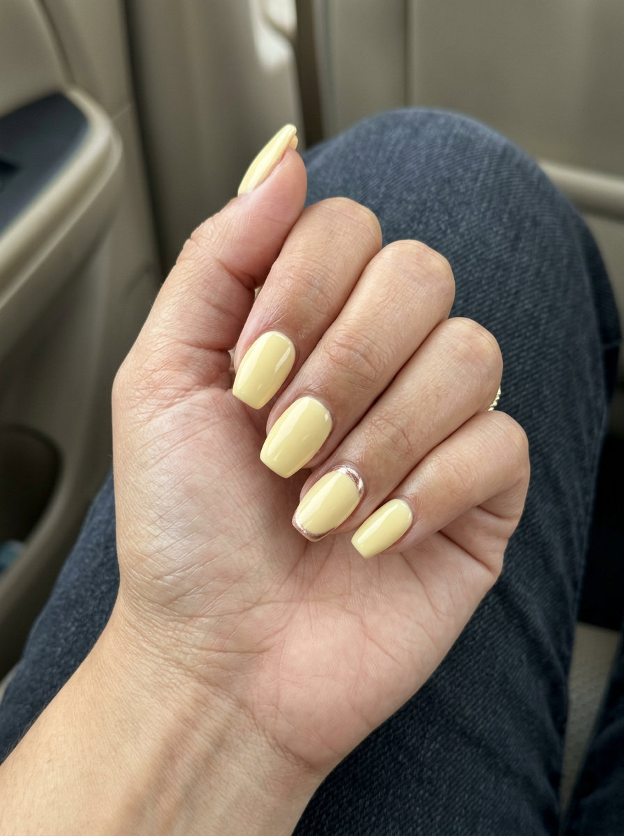 Butter Yellow Chrome Accents coffin nails with rose gold French tips for summer nails 2026.
