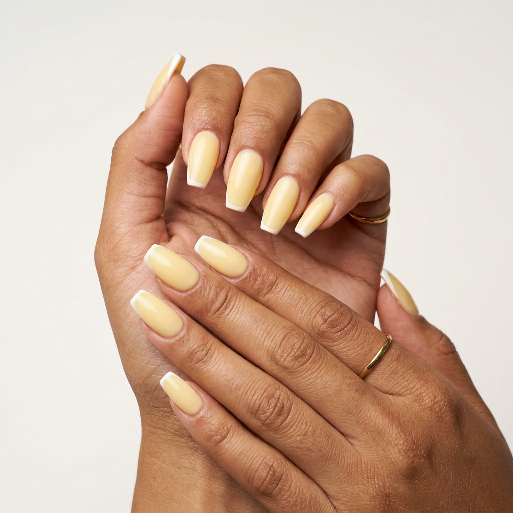 Milky butter yellow coffin nails with white French tips for summer nails 2026. Office & brunch style.