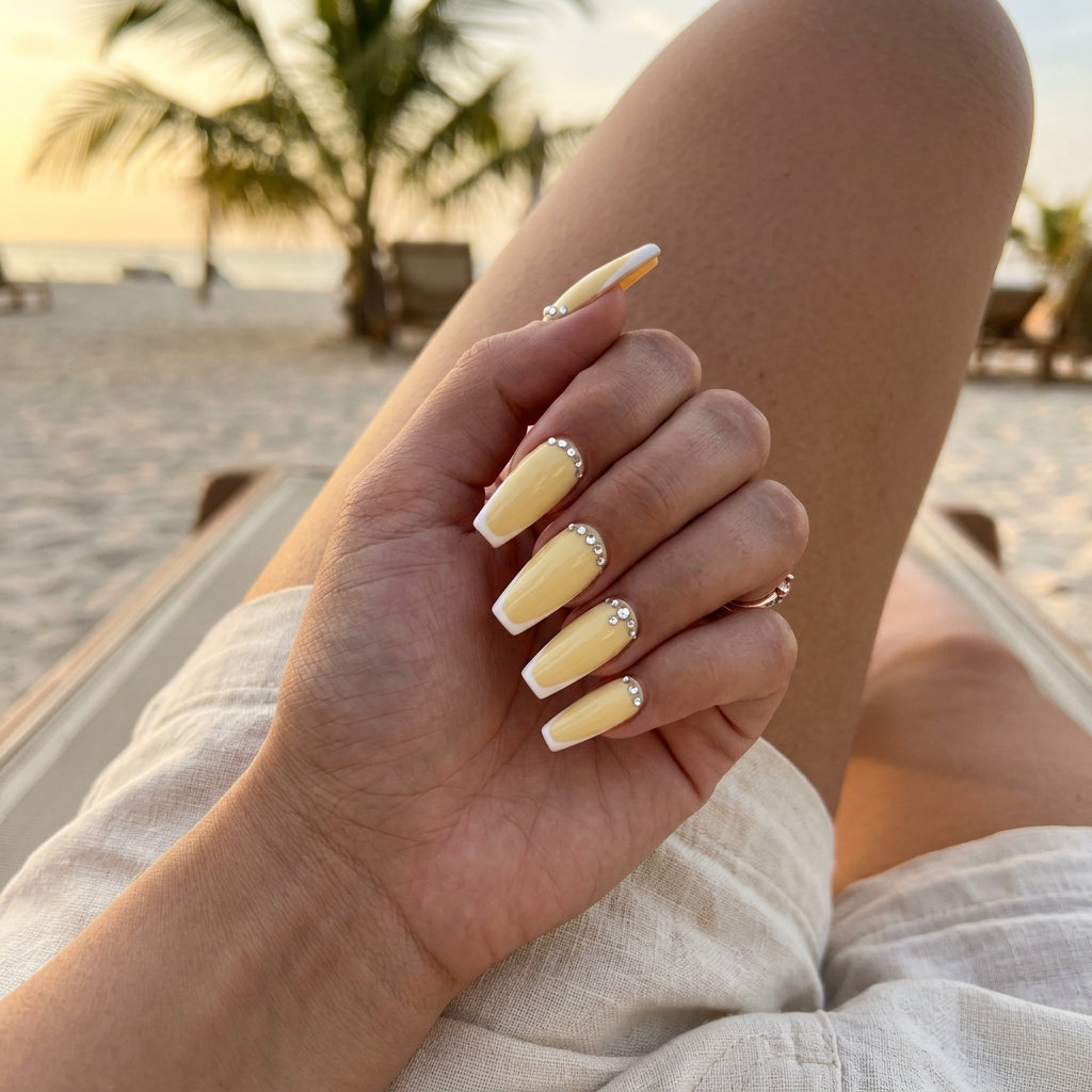 Butter yellow French tip coffin nails 2026 with rhinestones for elegant summer events.