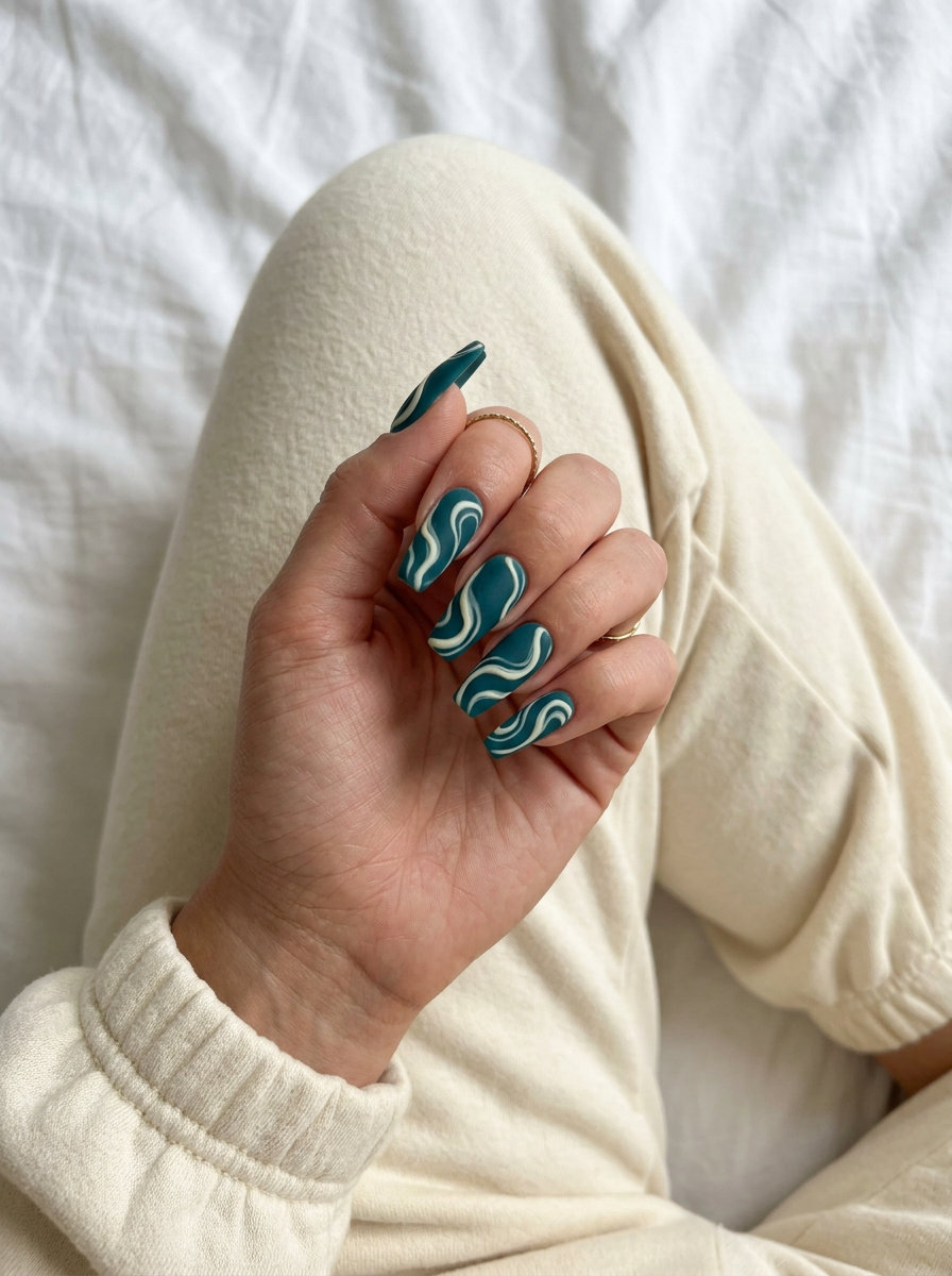 Deep teal velvet matte coffin nails 2026 with white swirls for chic evening events.