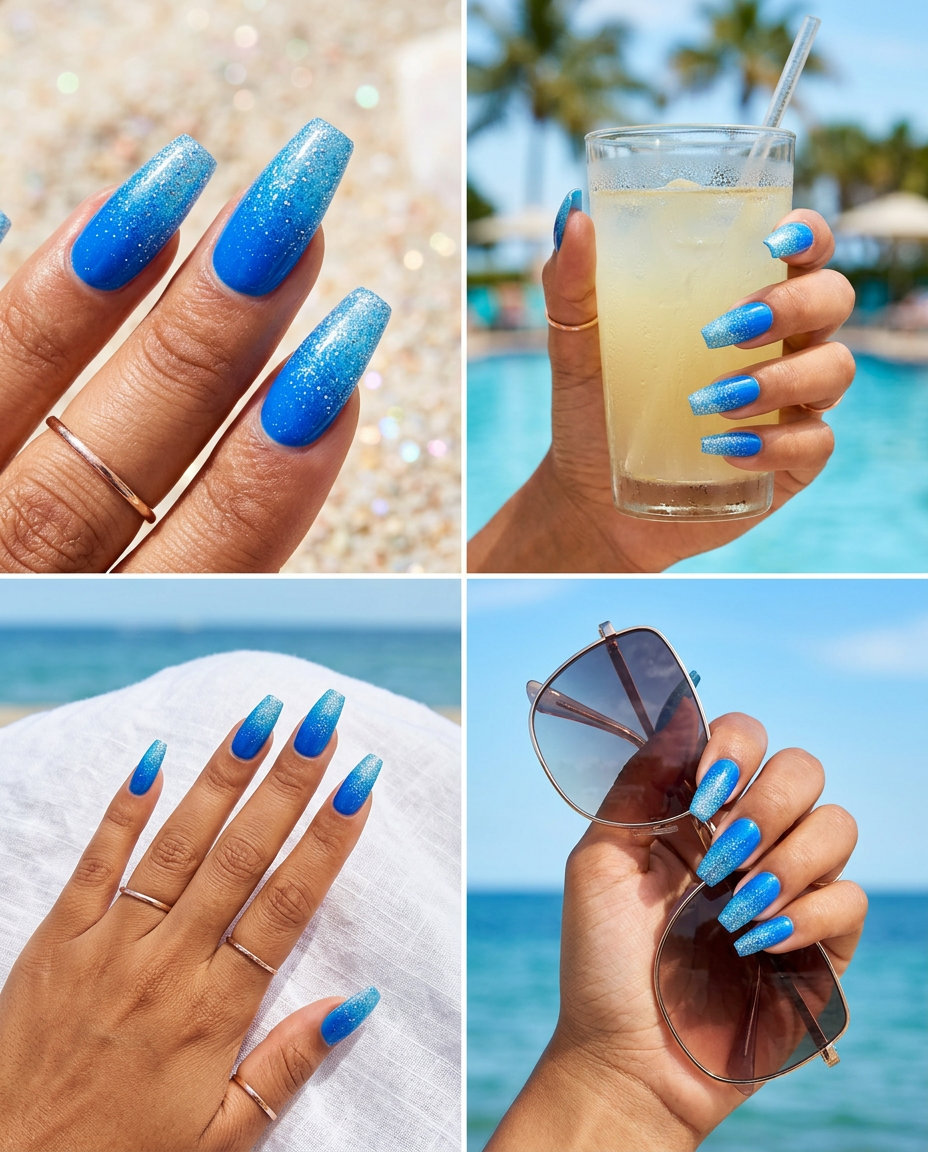 Electric blue glitter coffin nails 2026: Glamorous gradient for nights out and parties.