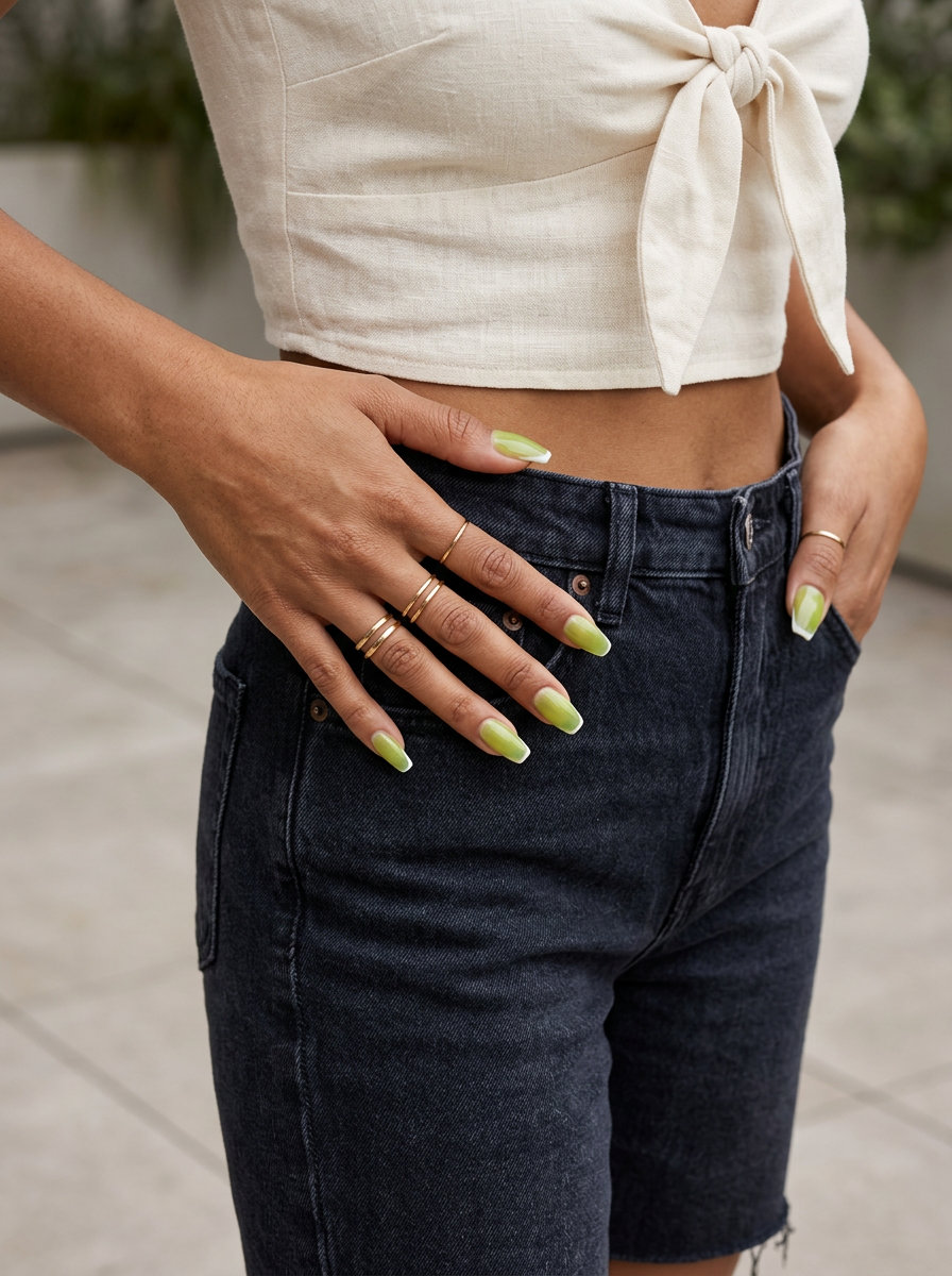 Lime jelly coffin nails 2026 with micro French tips for playful vacation vibes.