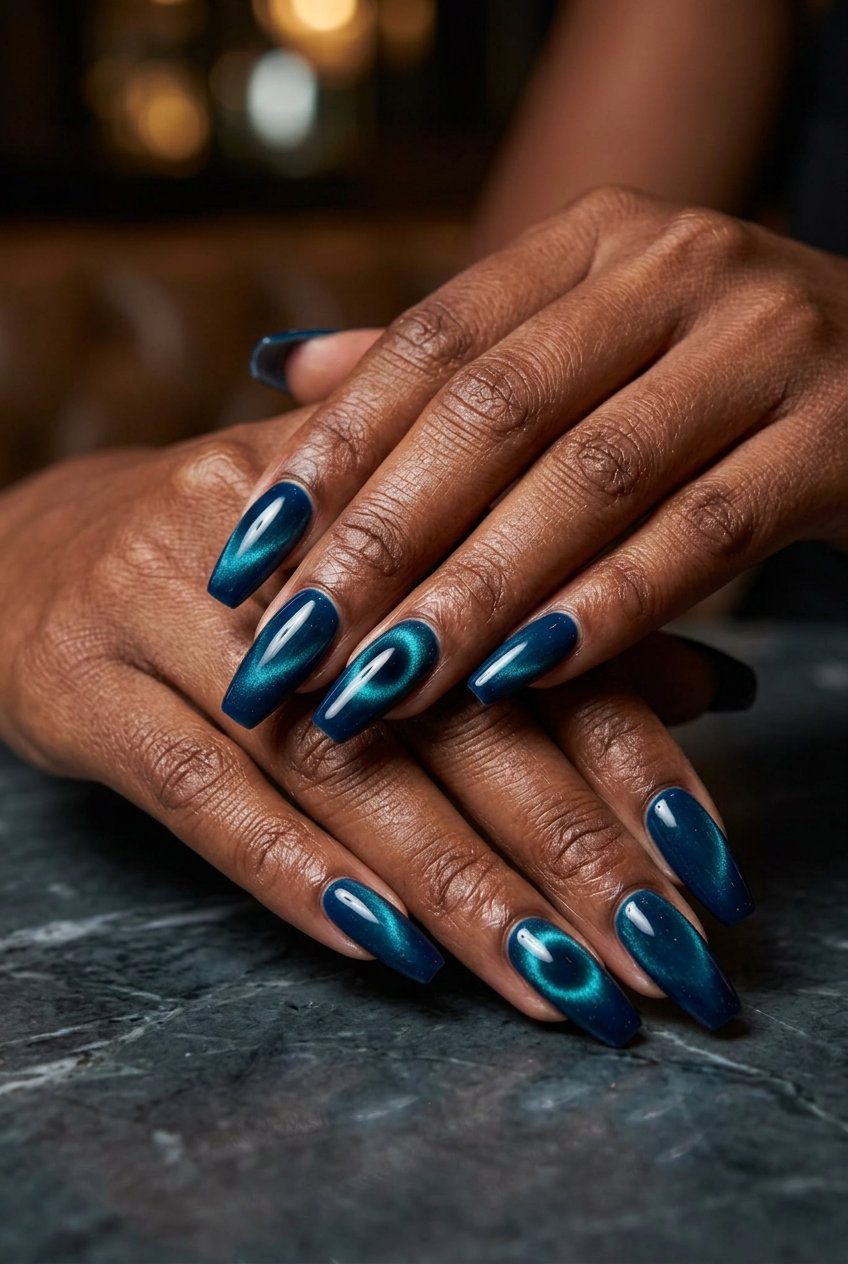 Mysterious deep teal cat-eye coffin nails for summer nails 2026. Sophisticated evening style.