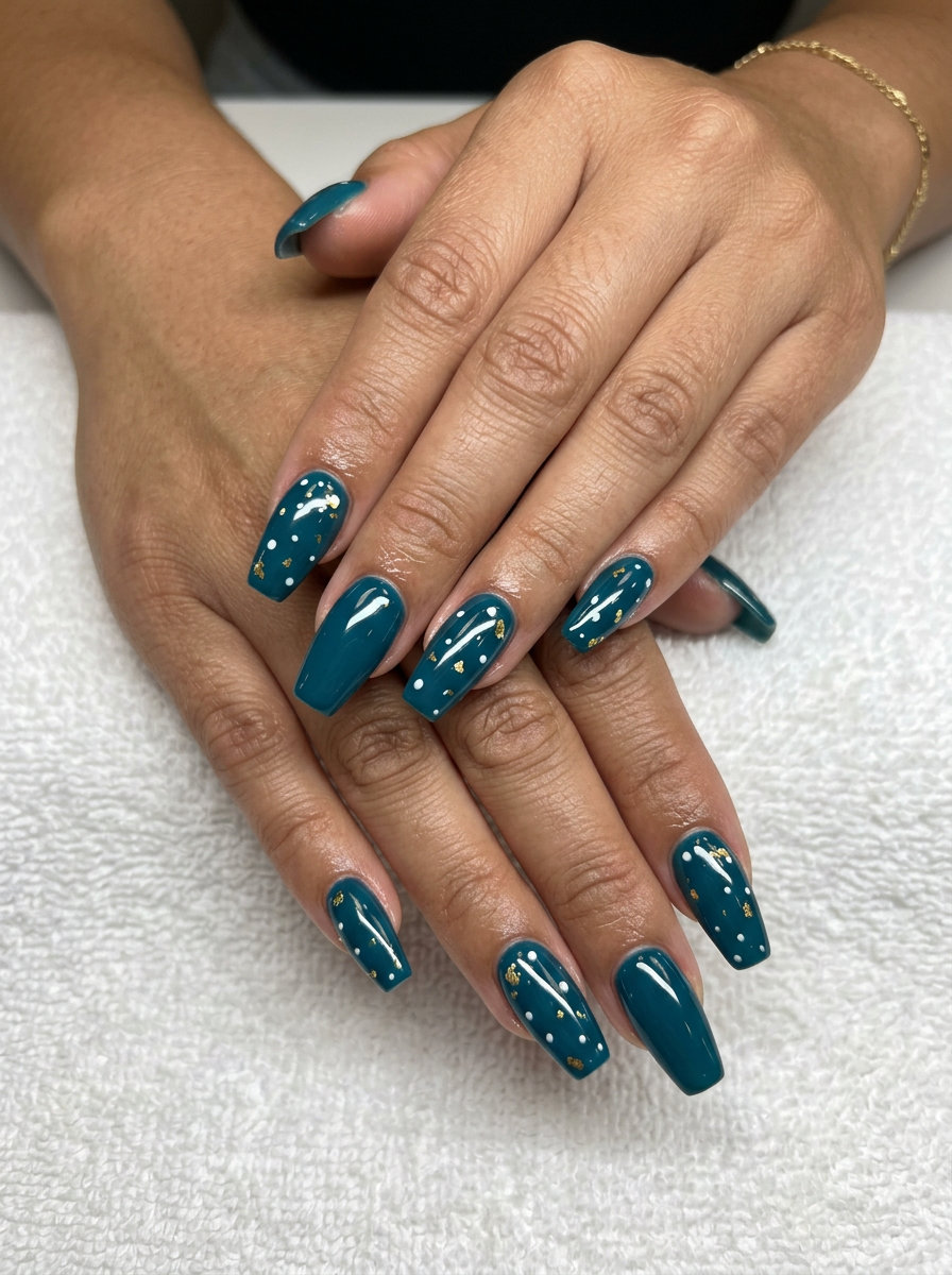Deep Teal Cosmic Dot Art coffin nails, perfect for date night and summer nails 2026.