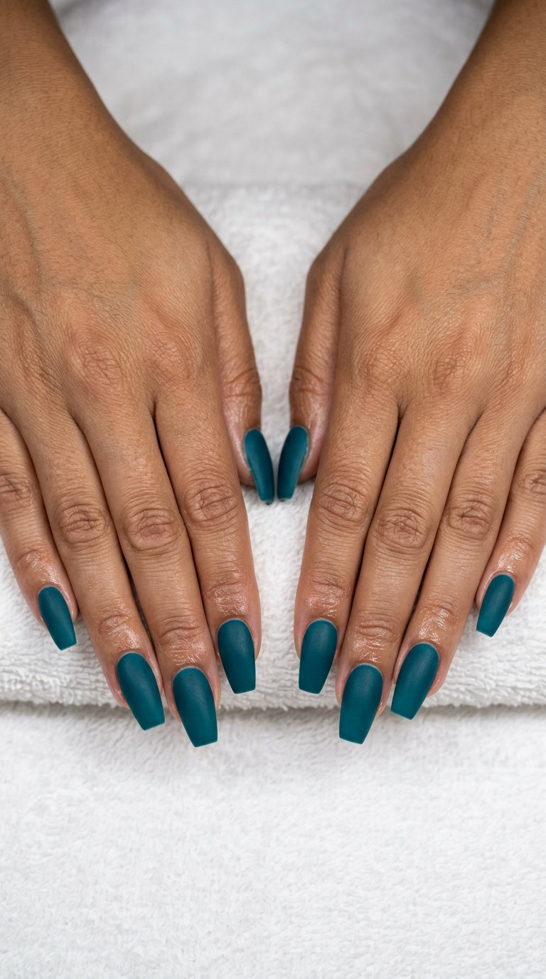 Deep Teal Velvet Solid coffin nails for evening events and summer nails 2026.