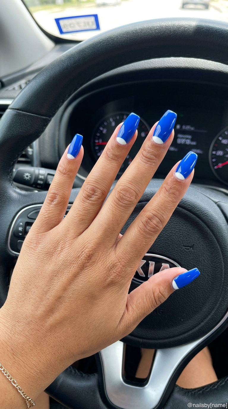 Electric Lunar French coffin nails in blue and white for edgy events and summer nails 2026.