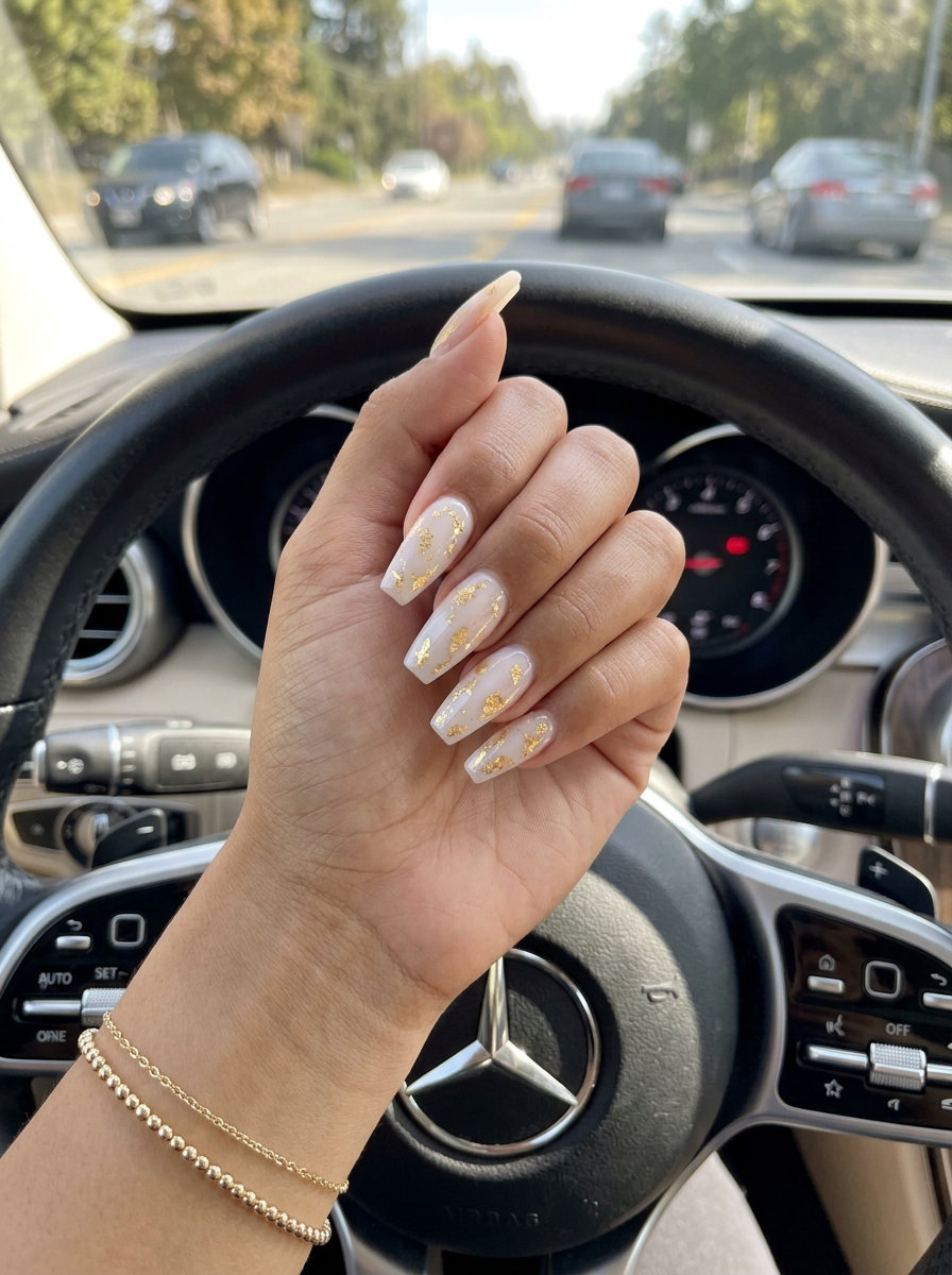 Glamorous gilded summer nude coffin nails with gold foil for summer nails 2026. Chic party style.