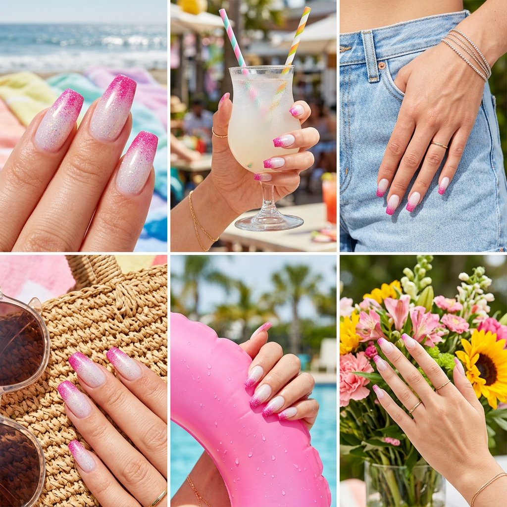 Hot Pink Glitter Ombre coffin nails with iridescent glitter for festivals and summer nails 2026.