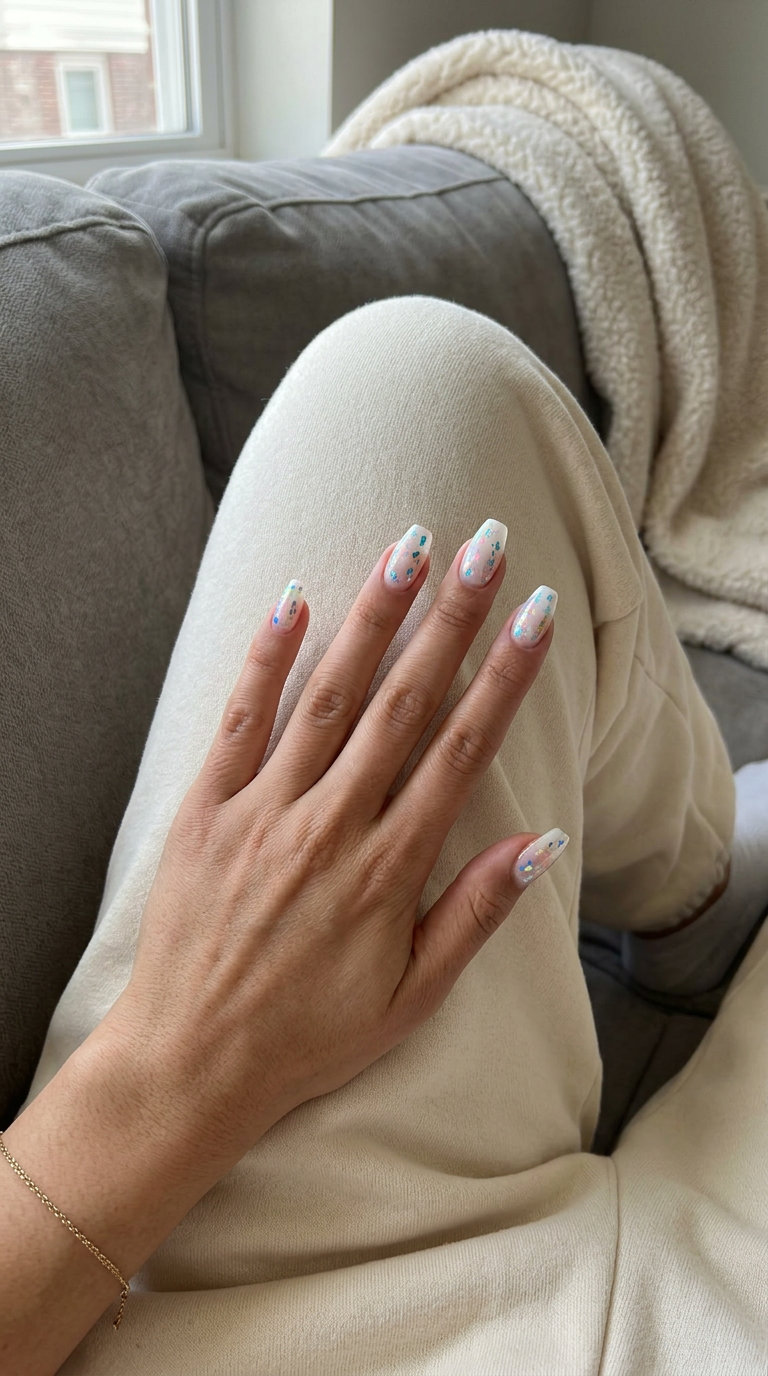 Whimsical kaleidoscope foil flake coffin nails for summer nails 2026. Shimmery vacation style.