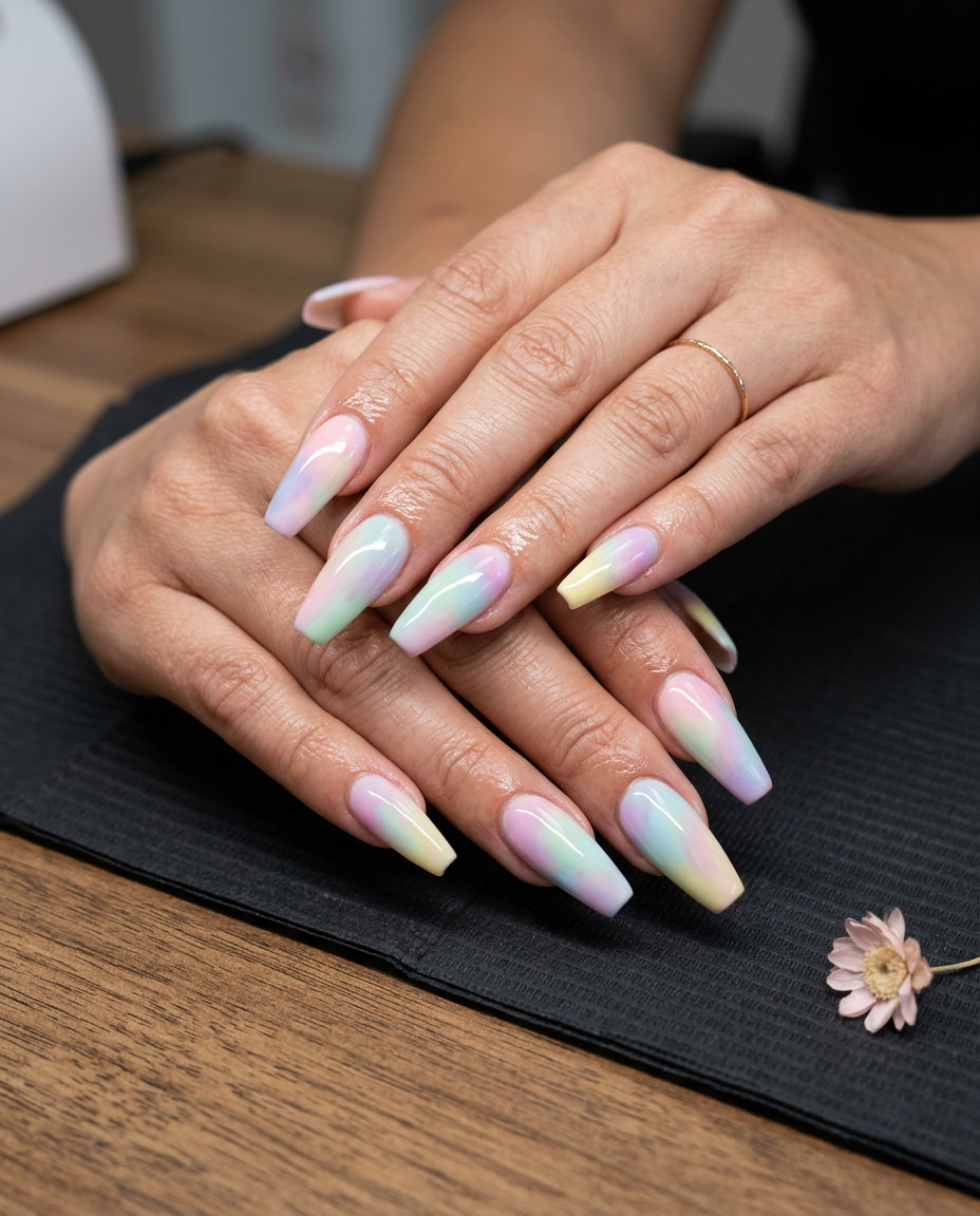 Multicolor Abstract Airbrush coffin nails in pastels for summer vacation and summer nails 2026.